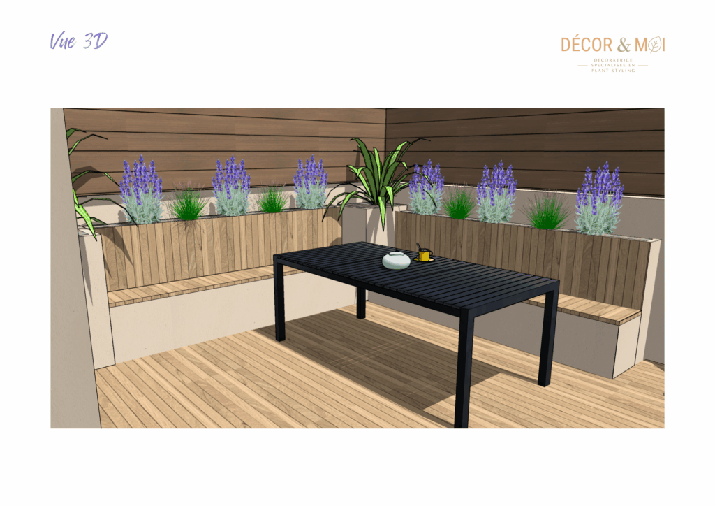 Aménagement d’une terrasse dans le Sud de la France avec banc en bois et jardinières végétales, barbecue fixe avec carrelage en Zellige