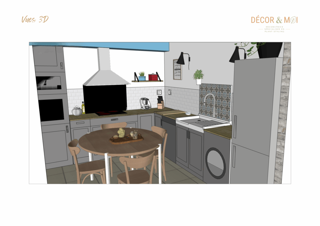 Cuisine rénovée mêlant carreaux de ciment bleus, crédence rétro et îlot optimisé vue 3D