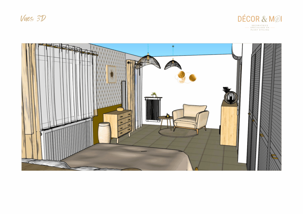 Plans 3D de réaménagement d’une chambre et optimisation d'espace – ambiance cocooning  Toulon et environs