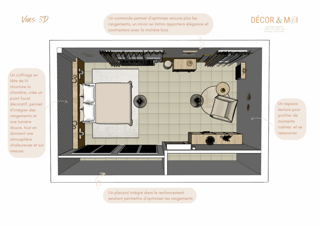 Plans 3D de réaménagement d’une chambre et optimisation d'espace – ambiance cocooning  Toulon et environs