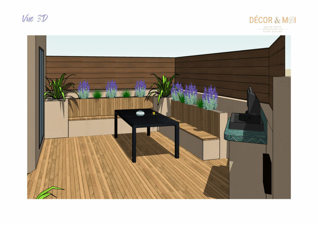 Aménagement d’une terrasse dans le Sud de la France avec banc en bois et jardinières végétales, barbecue fixe avec carrelage en Zellige