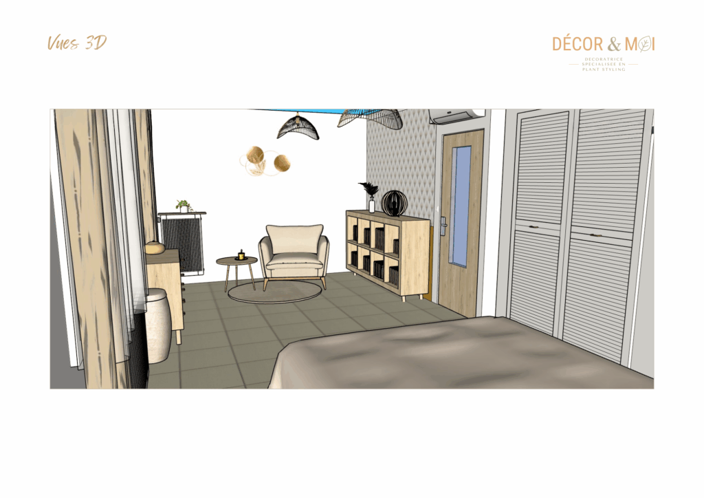 Plans 3D de réaménagement d’une chambre et optimisation d'espace – ambiance cocooning  Toulon et environs