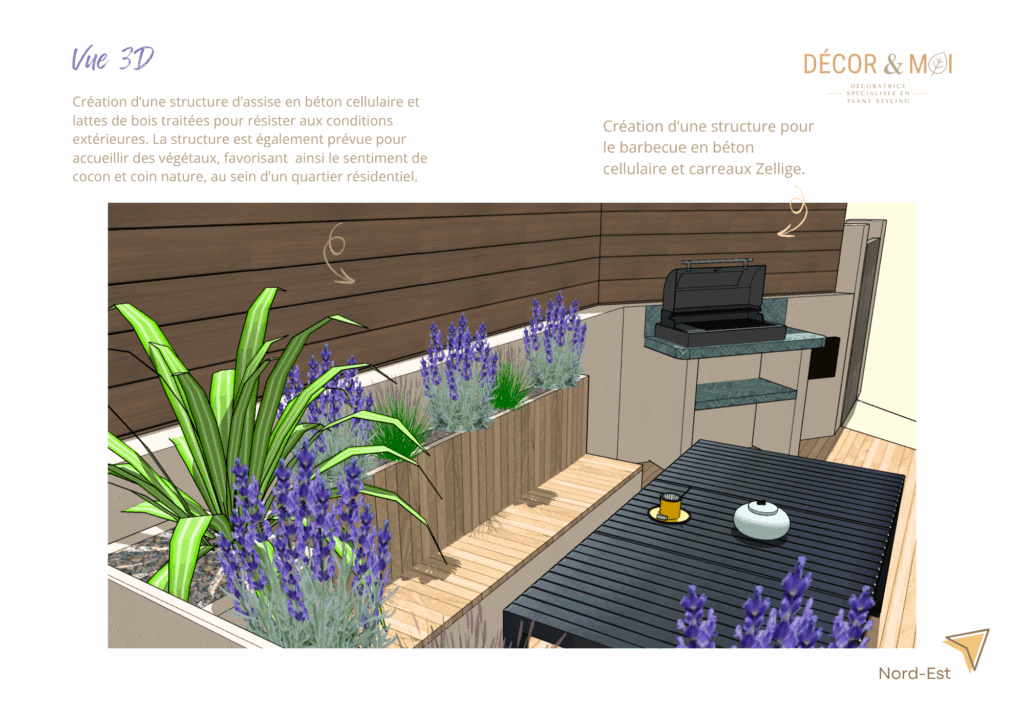 Aménagement d’une terrasse dans le Sud de la France avec banc en bois et jardinières végétales, barbecue fixe avec carrelage en Zellige