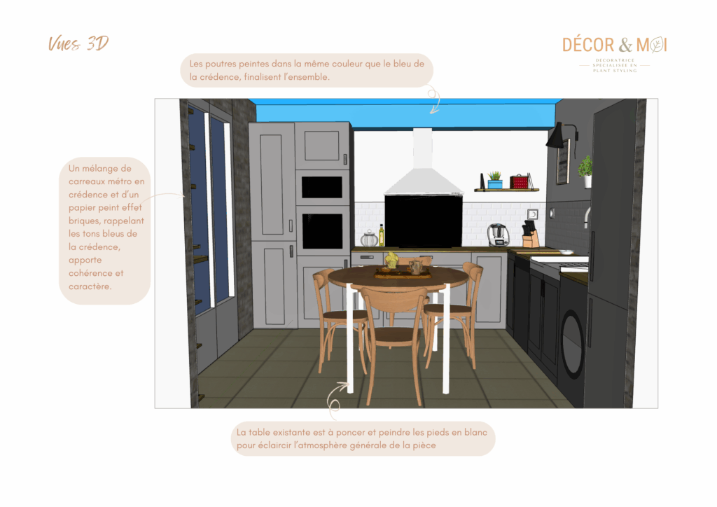 Cuisine rénovée mêlant carreaux de ciment bleus, crédence rétro et îlot optimisé vue 3D