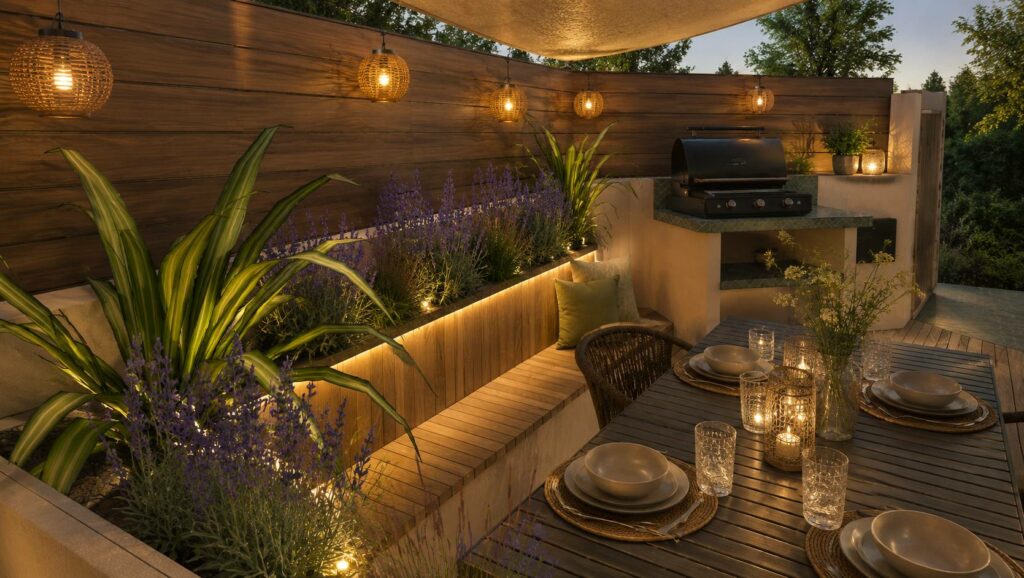 Aménagement d'une terrasse dans le Sud de la France avec banquette intégrée, Zellige, végétaux, pergola, toile d'ombrage