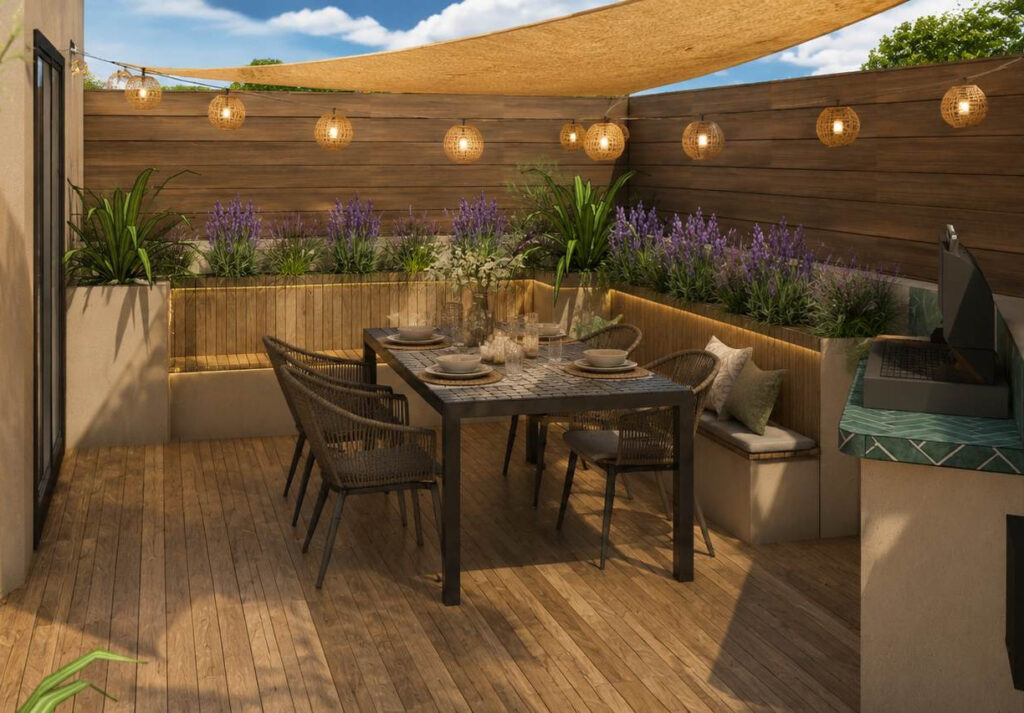 Aménagement d'une terrasse à Sanary Sur Mer avec banquette intégrée, bois, cuisine d'été en Zellige, végétaux, pergola, toile d'ombrage