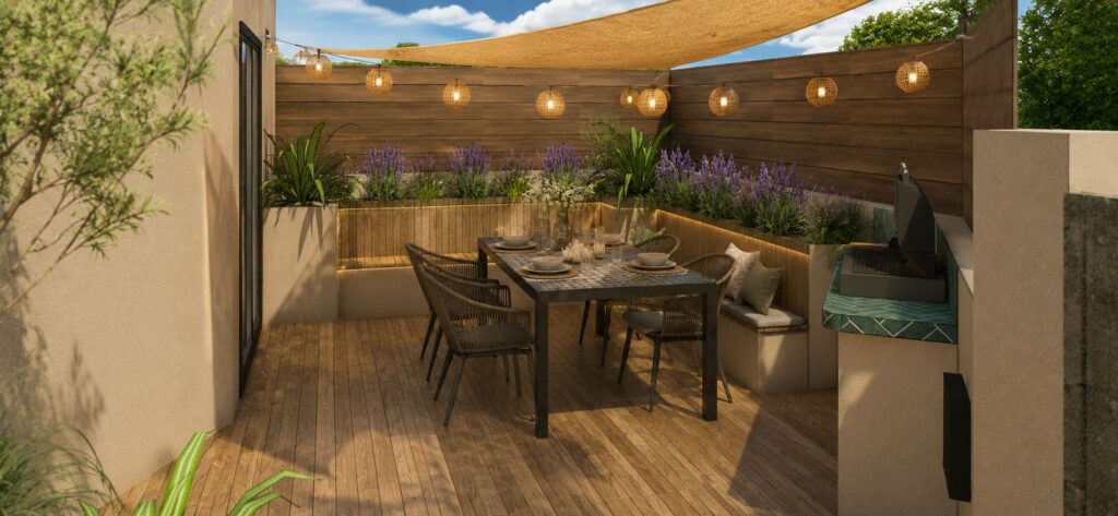 Aménagement d'une terrasse à Sanary Sur mer, avec banquette intégrée, bois, Zellige, végétaux, pergola, toile d'ombrage